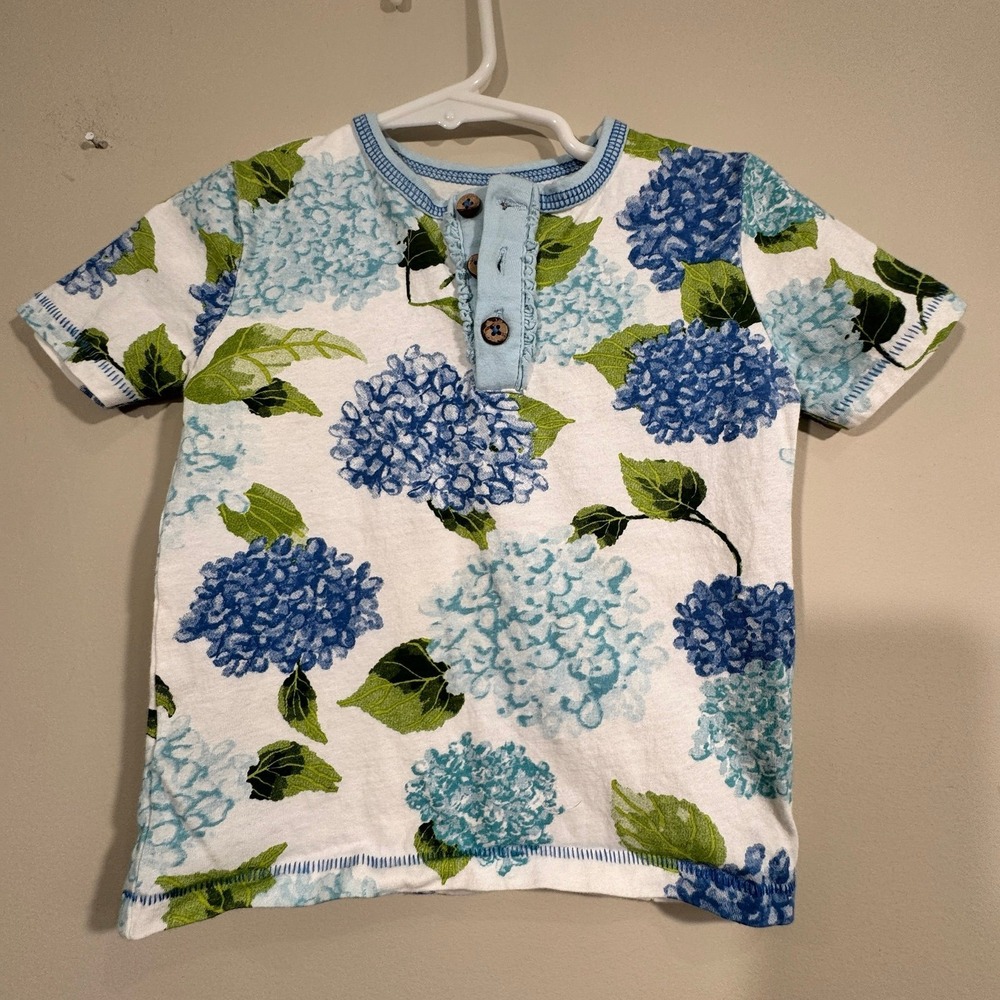 Mud Pie Toddler 4T Blue Hydrangea Shirt Tight Fit Ruffle Button Cottage‎ Floral